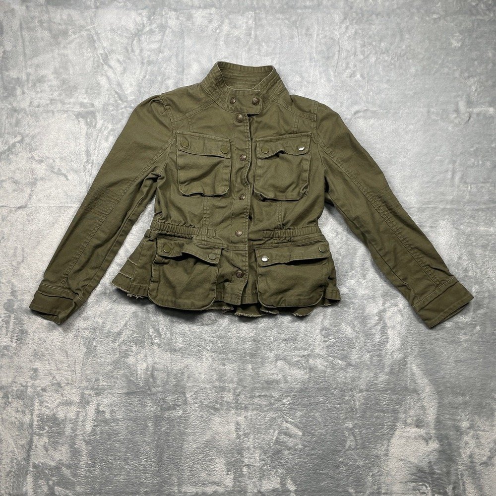 Collection B Utility Jacket Green Button Front Cargo Pockets Ruffle Hem S S 7-8